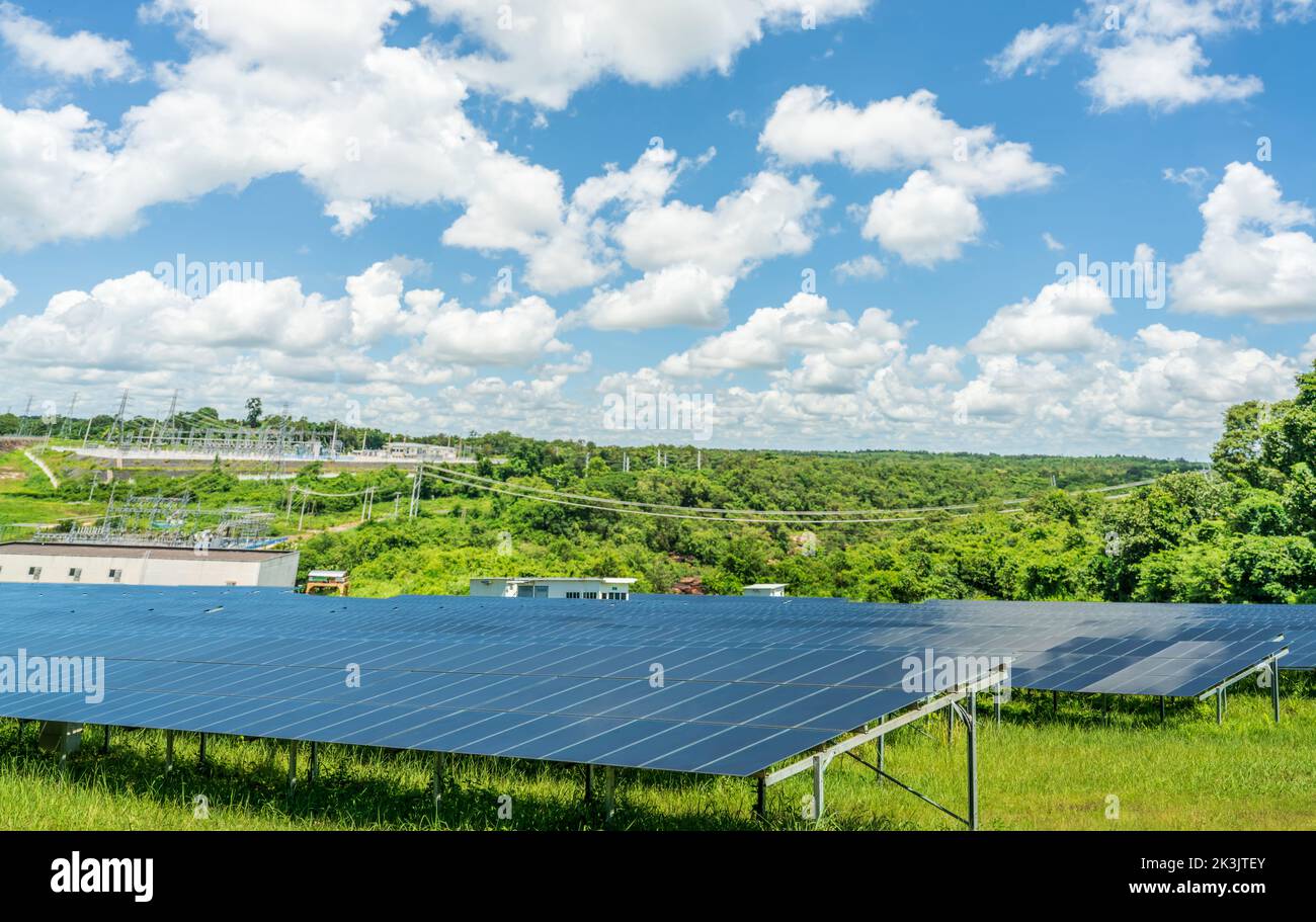 Photovoltaic power station or solar park. PV system. Solar farm and green field. Solar power for green energy. Photovoltaic power plant generate solar Stock Photo