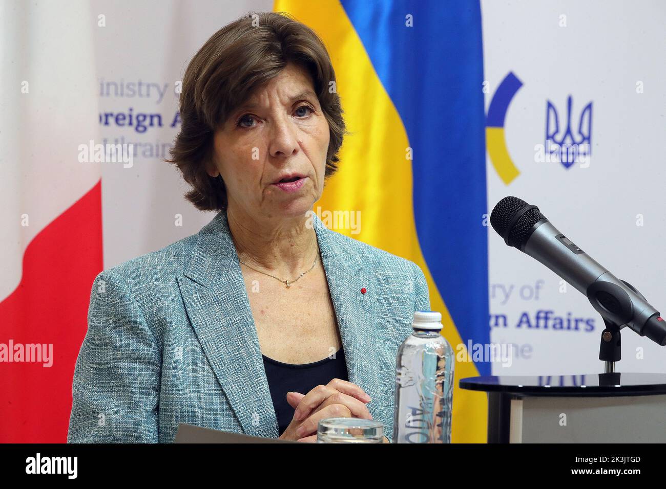 KYIV, UKRAINE - SEPTEMBER 27, 2022 - Minister for Europe and Foreign Affairs of the French Republic Catherine Colonna attends a joint briefing with Minister of Foreign Affairs of Ukraine Dmytro Kuleba, Kyiv, capital of Ukraine. Stock Photo