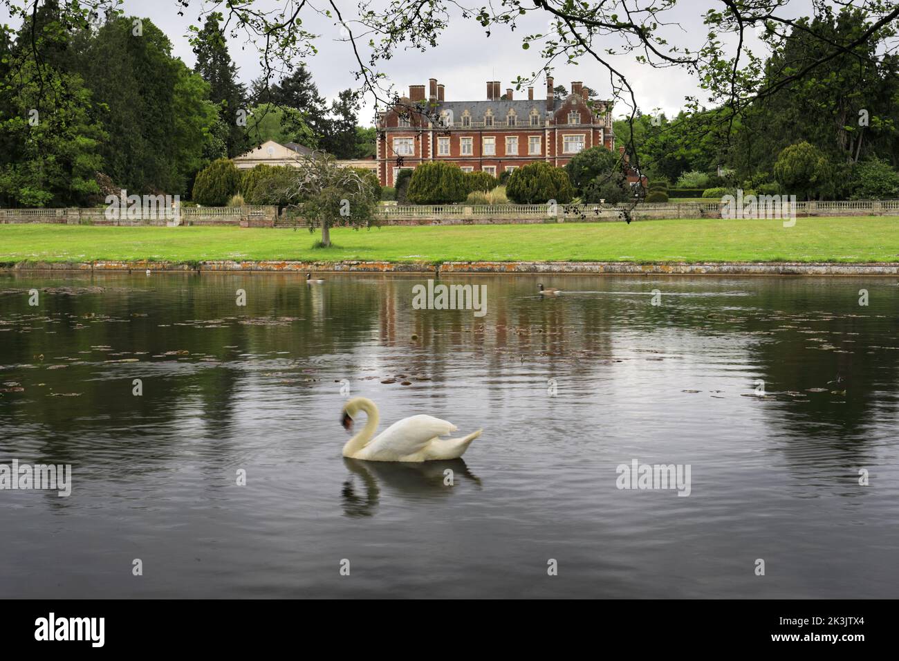 Lynford Hall and lake, Lynford village near Thetford, Norfolk, England