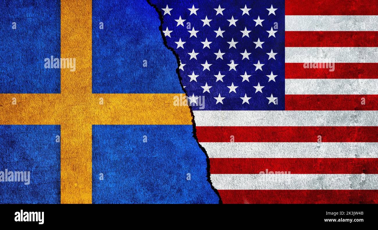 USA and Sweden flag together on a textured wall. Relations between