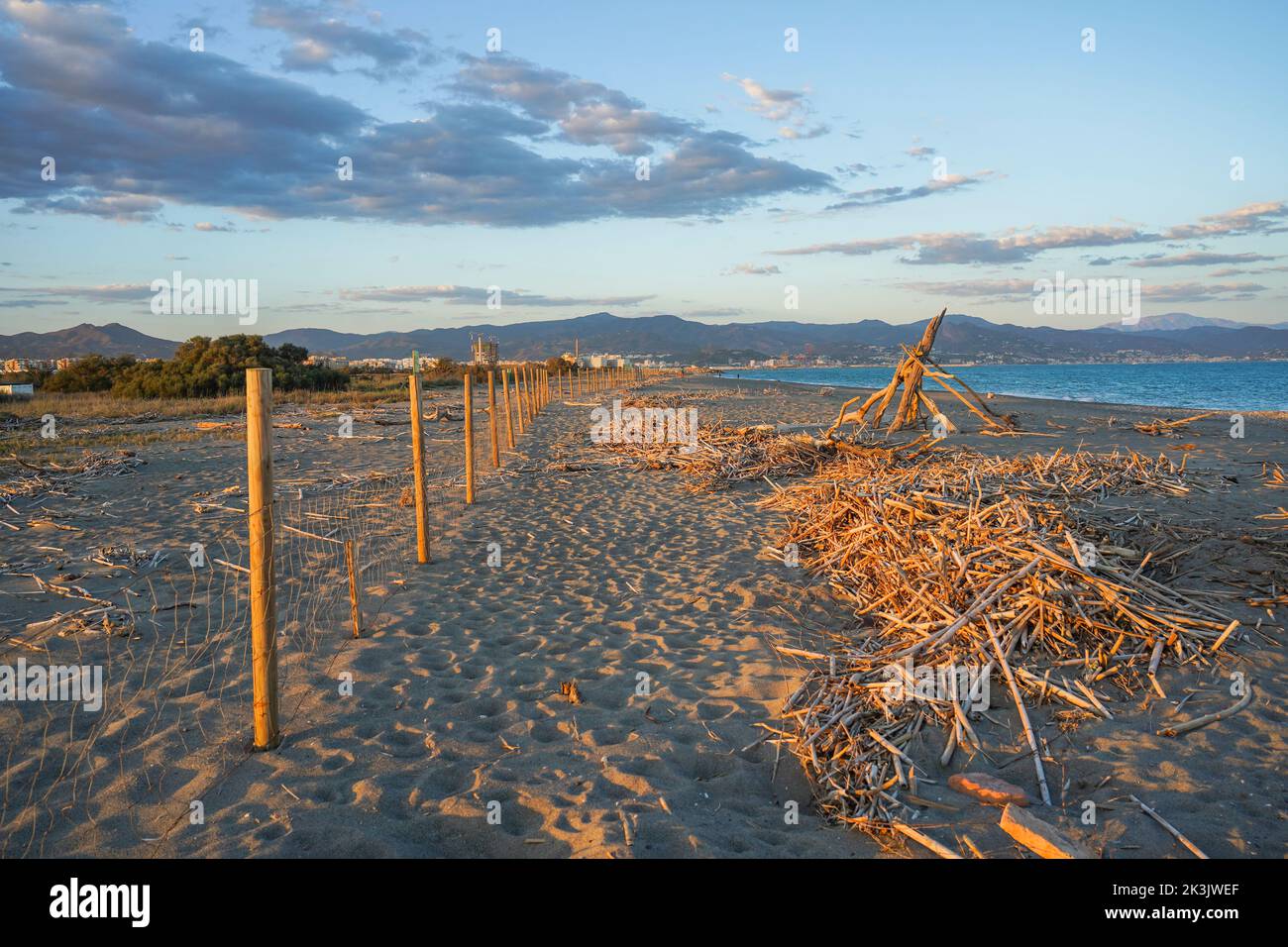 border fence of Guadalhorce natural reserve park, beach side near Malaga, Andalusia, Spain. Stock Photo