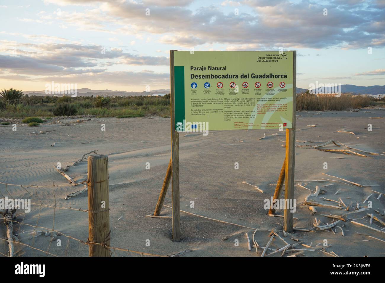 Sign at Guadalhorce natural reserve park, beach side near Malaga, Andalusia, Spain. Stock Photo