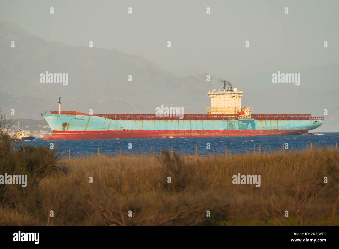Container ship MAERSK KOTKA, near Malaga, with Guadalhorce natural park in front, Andalucia, Spain. Stock Photo