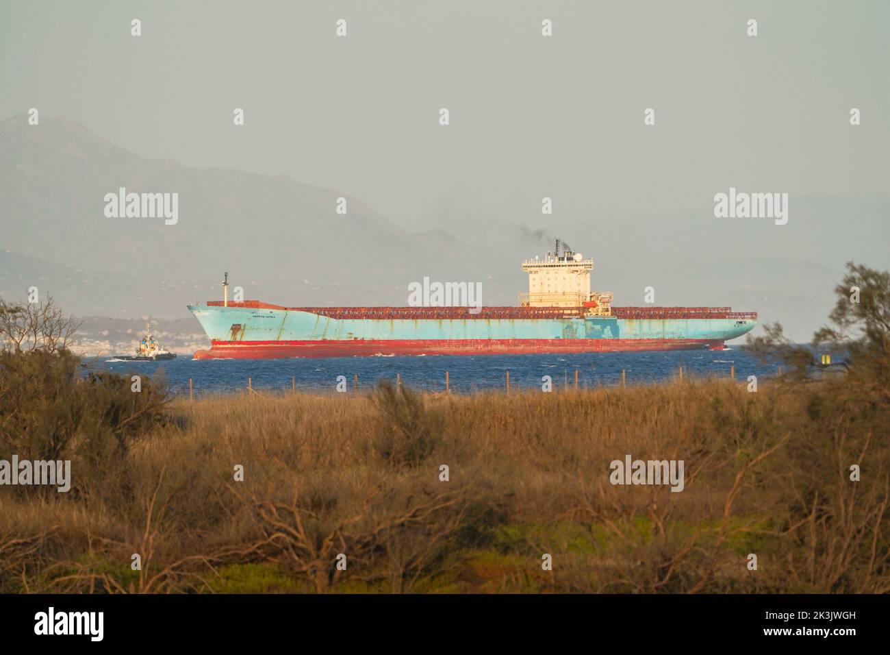 Container ship MAERSK KOTKA, near Malaga, with Guadalhorce natural park in front, Andalucia, Spain. Stock Photo