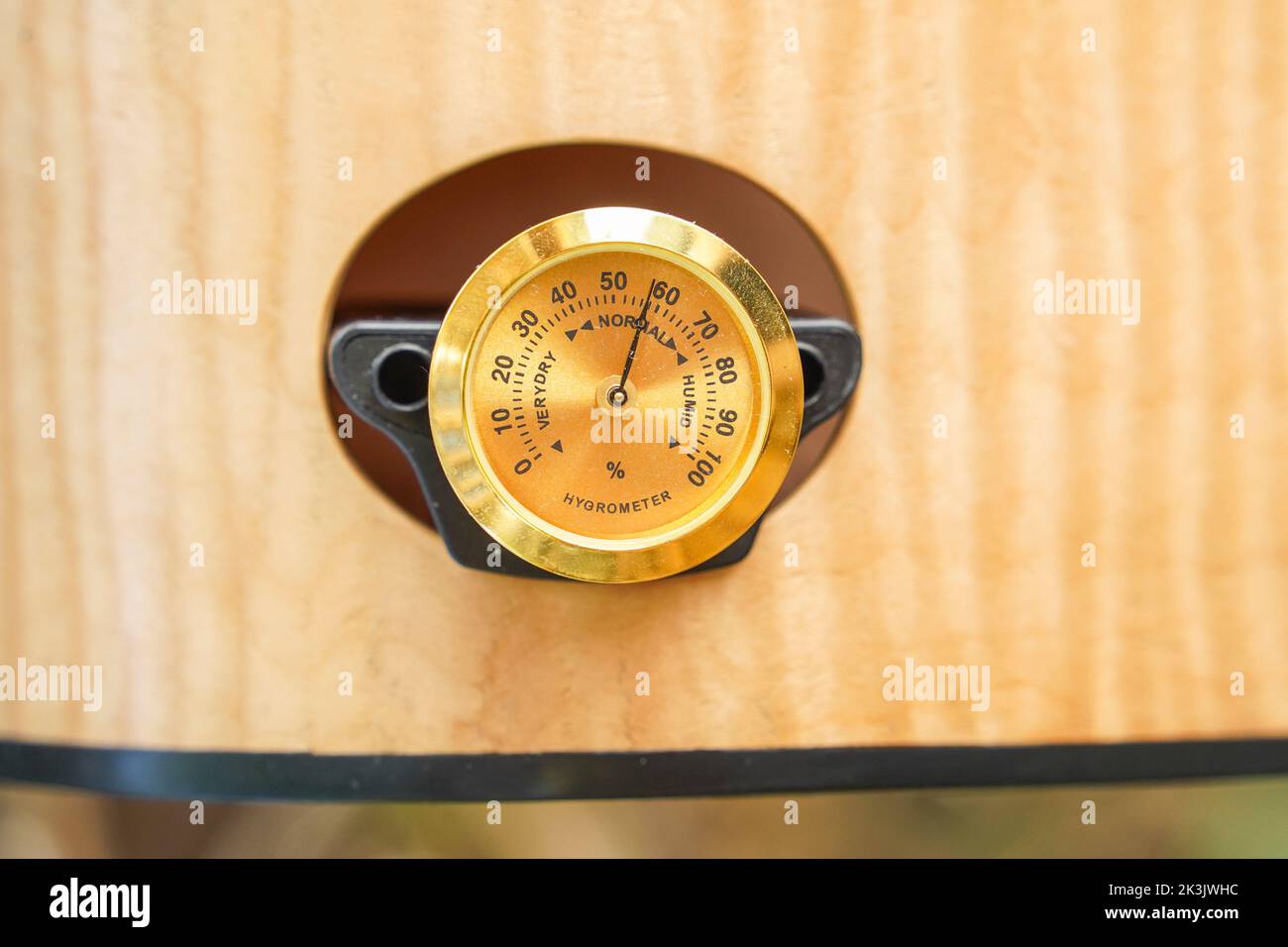 Guitar humidifier with hygrometer placed in a sound hole. Stock Photo
