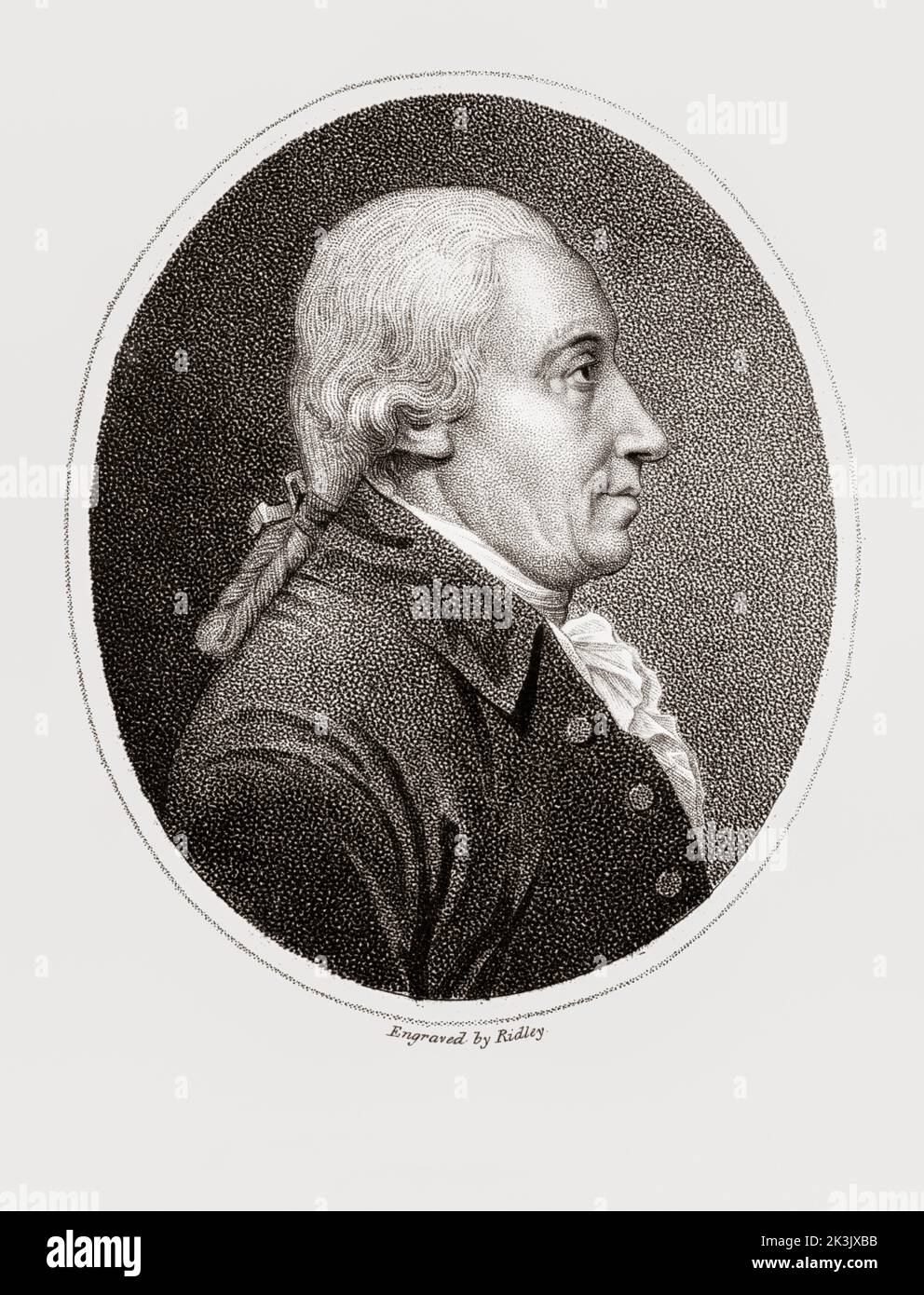 Reverend John Home. 1722 – 1808.  Scottish minister, soldier, author and a founder of the Royal Society of Edinburgh.  He was the author of the successful blank verse tragedy Douglas.  After an engraving by Ridley. Stock Photo