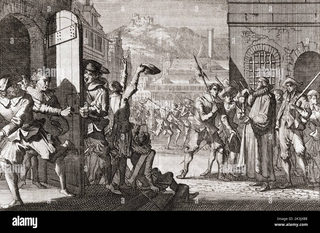 Revolt in London against Charles I, 1600 - 1649, and Bishop William Laud, 1573 - 1645.  To the right, Laud is confronted by armed citizens. Laud was appointed Archbishop of Canterbury by King Charles I.  Both were Anglican High Church supporters.   Both men, king and bishop, were accused of treason and executed.  After a work in the style of Caspar Luyken. Stock Photo
