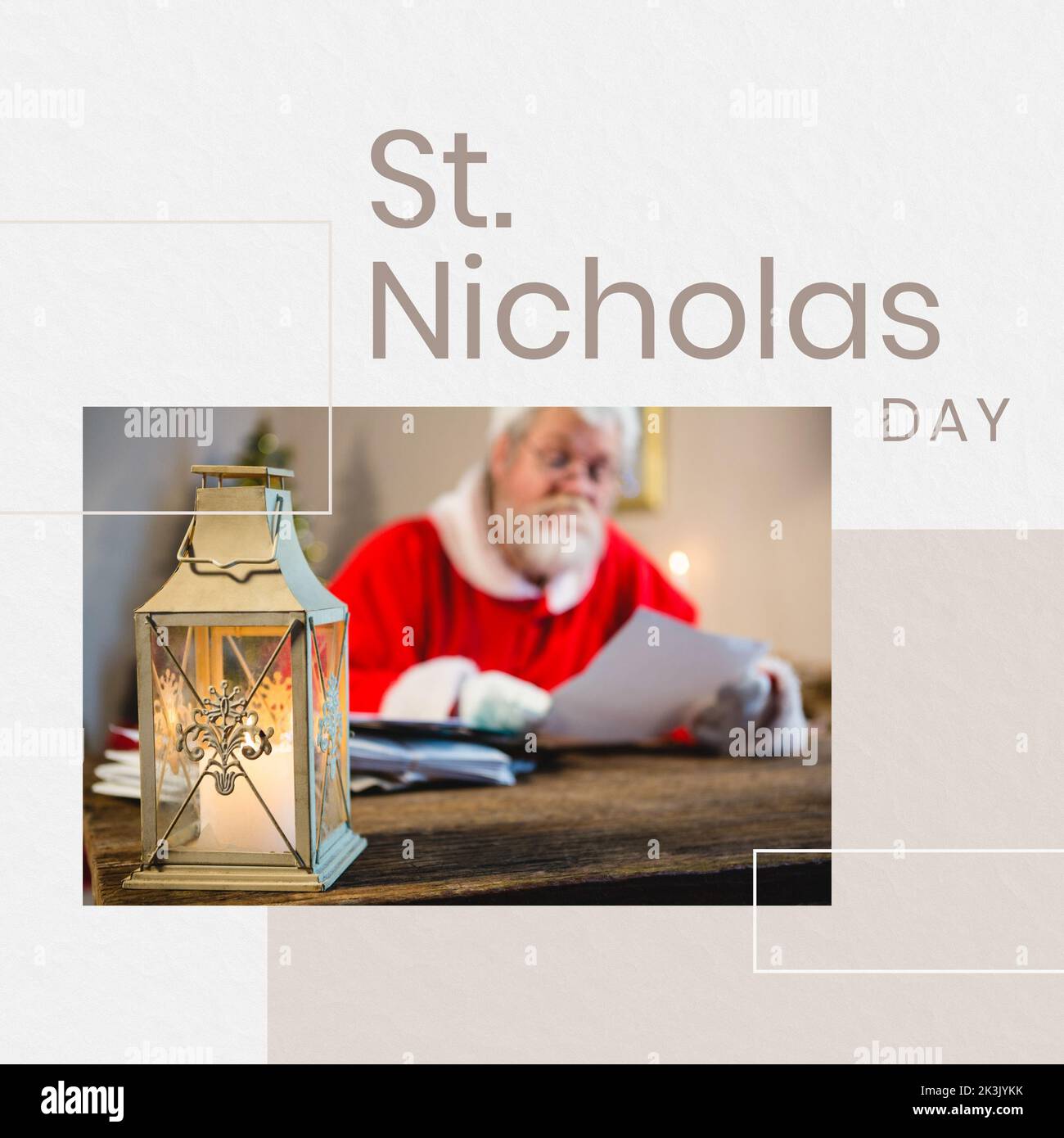 Caucasian senior man with lamp on table in santa costume reading letter and st nicholas day text Stock Photo
