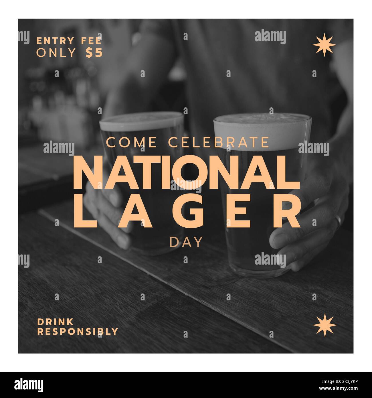 Midsection of caucasian bartender serving lager and entry fee only 5 dollar with national lager day Stock Photo