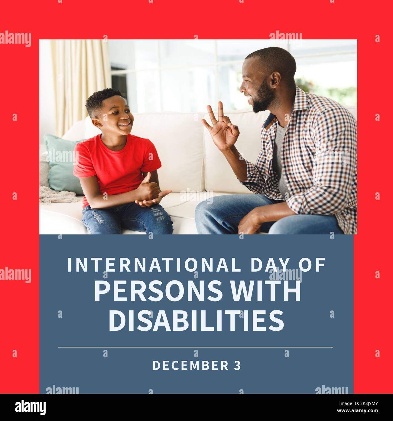 Composition of international day of persons with disabilities text over father and son Stock Photo