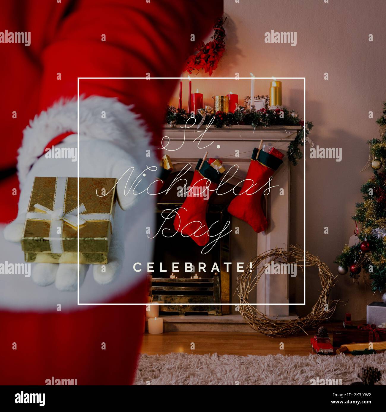 Composition of st nicholas day text over santa claus with present Stock Photo Alamy