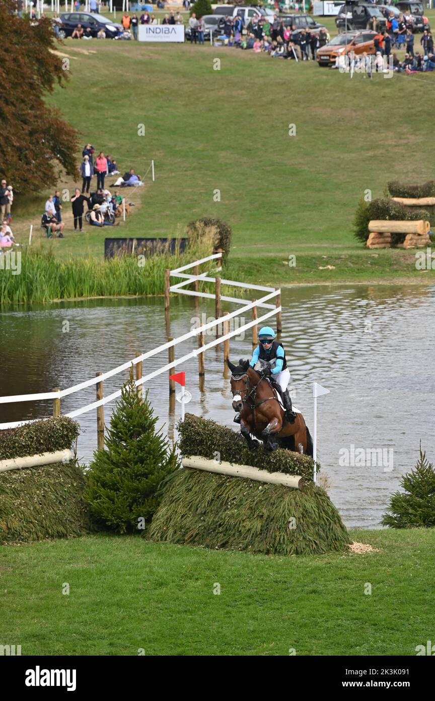 Izzy Taylor on Carolines Air KM, cross country phase of the CCI4*-S compettion, Blenheim Palace International Horse Trials, Blenheim Palace, Woodstock Stock Photo