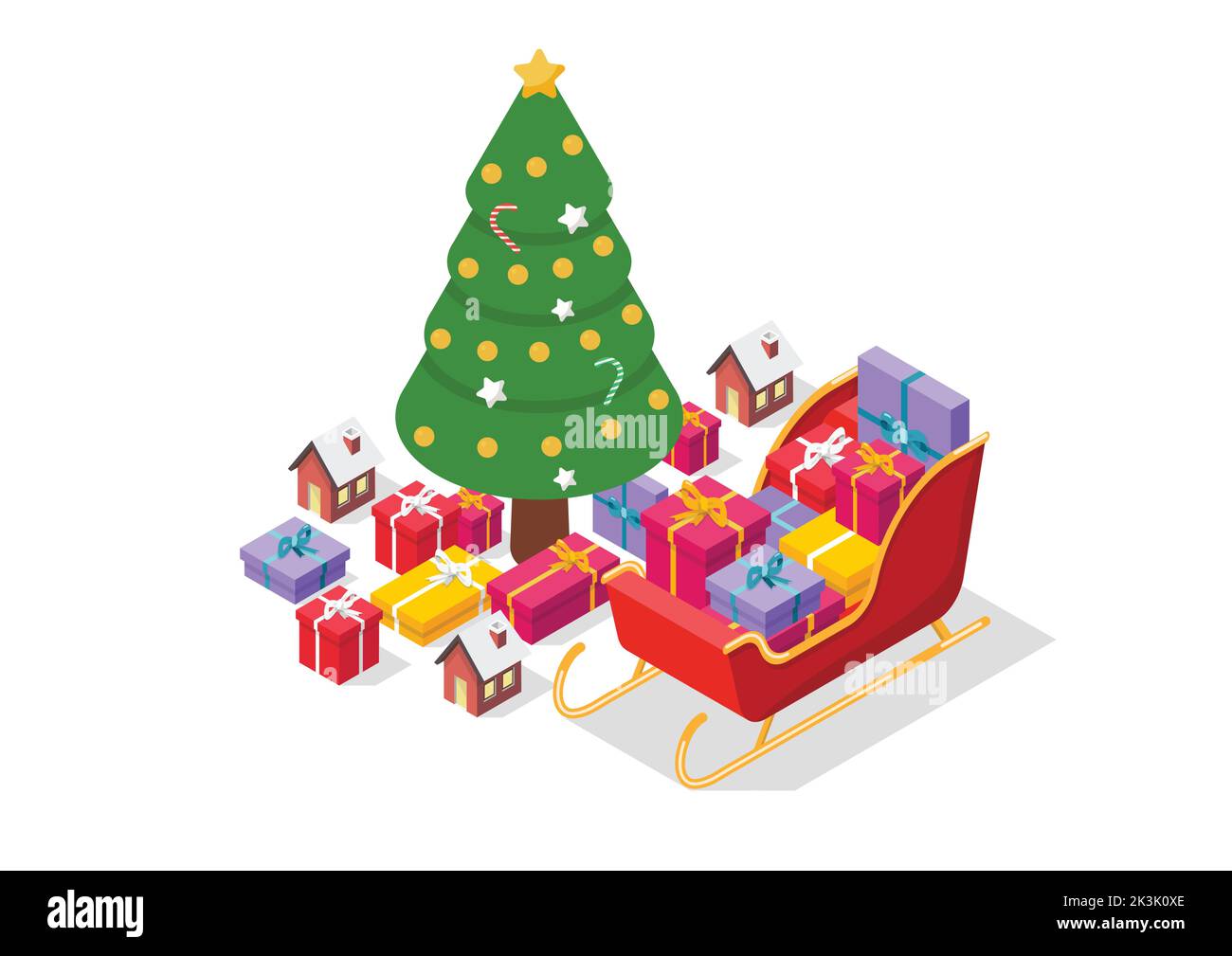Santa sleigh with Chrismas tree and Christmass elements. Isometric view. Vector illustration Stock Vector