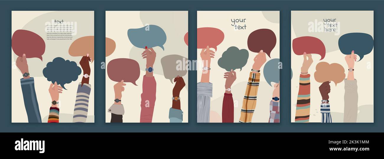 Banner poster template with raised hands of men and women of diverse culture holding speech bubble. Talk communicate and sharing in social network Stock Vector