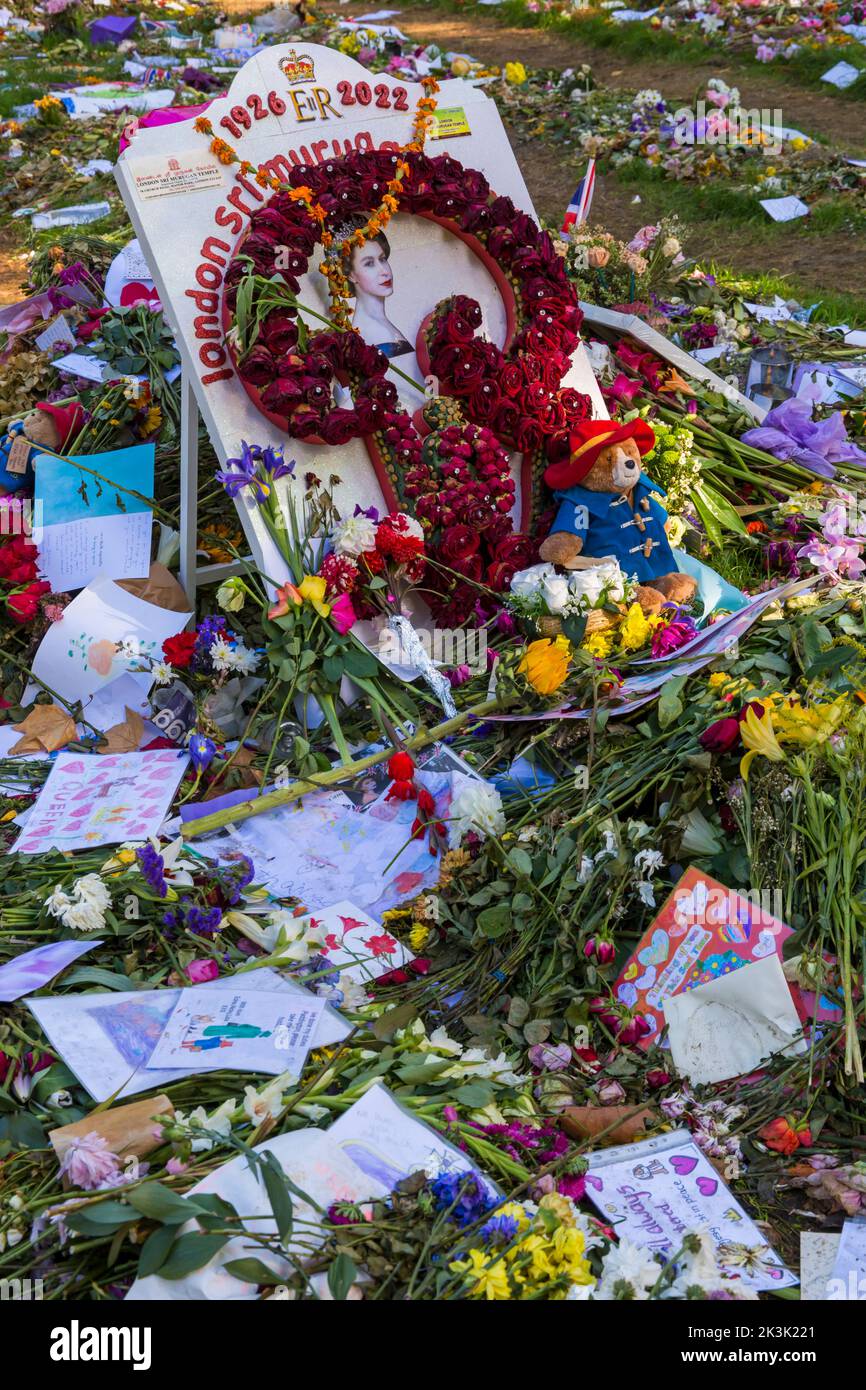 Poignant messages and floral tributes to the late Queen Elizabeth II at Green Park, London UK in September - flowers are wilting but memories linger Stock Photo
