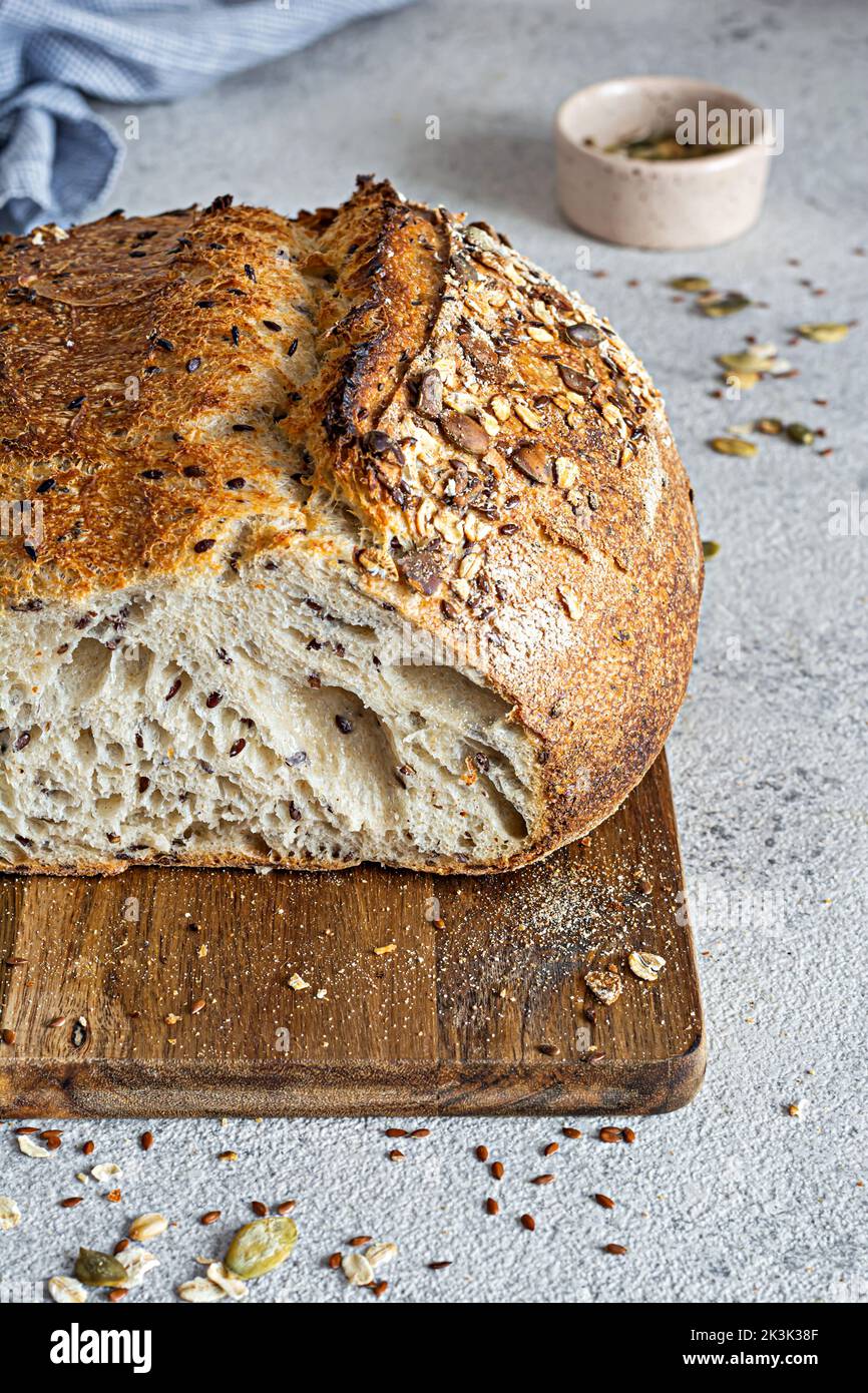 Fresh homemade bread (slice) from whole grain sourdough flour with the ...