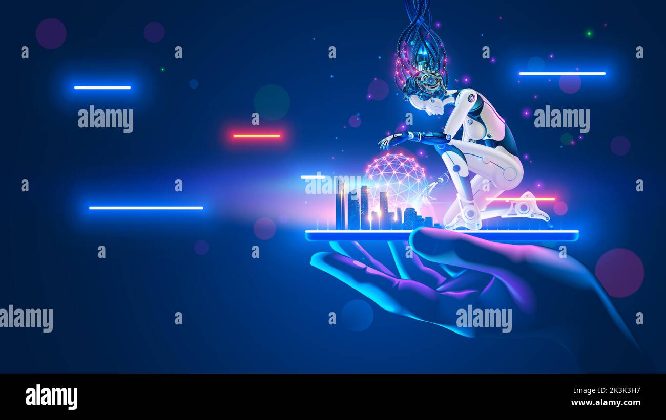 AI in phones assistants communications with smart city infrastructure. Robot cyborg woman with artificial intelligence standing on screen phone in Stock Vector