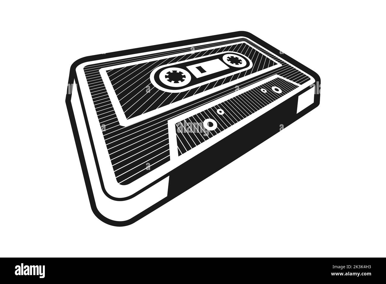 Retro music cassette tape on white background. 3D audio cassette tape in perspective. 80’s vintage design element. Monochrome black and white vector Stock Vector