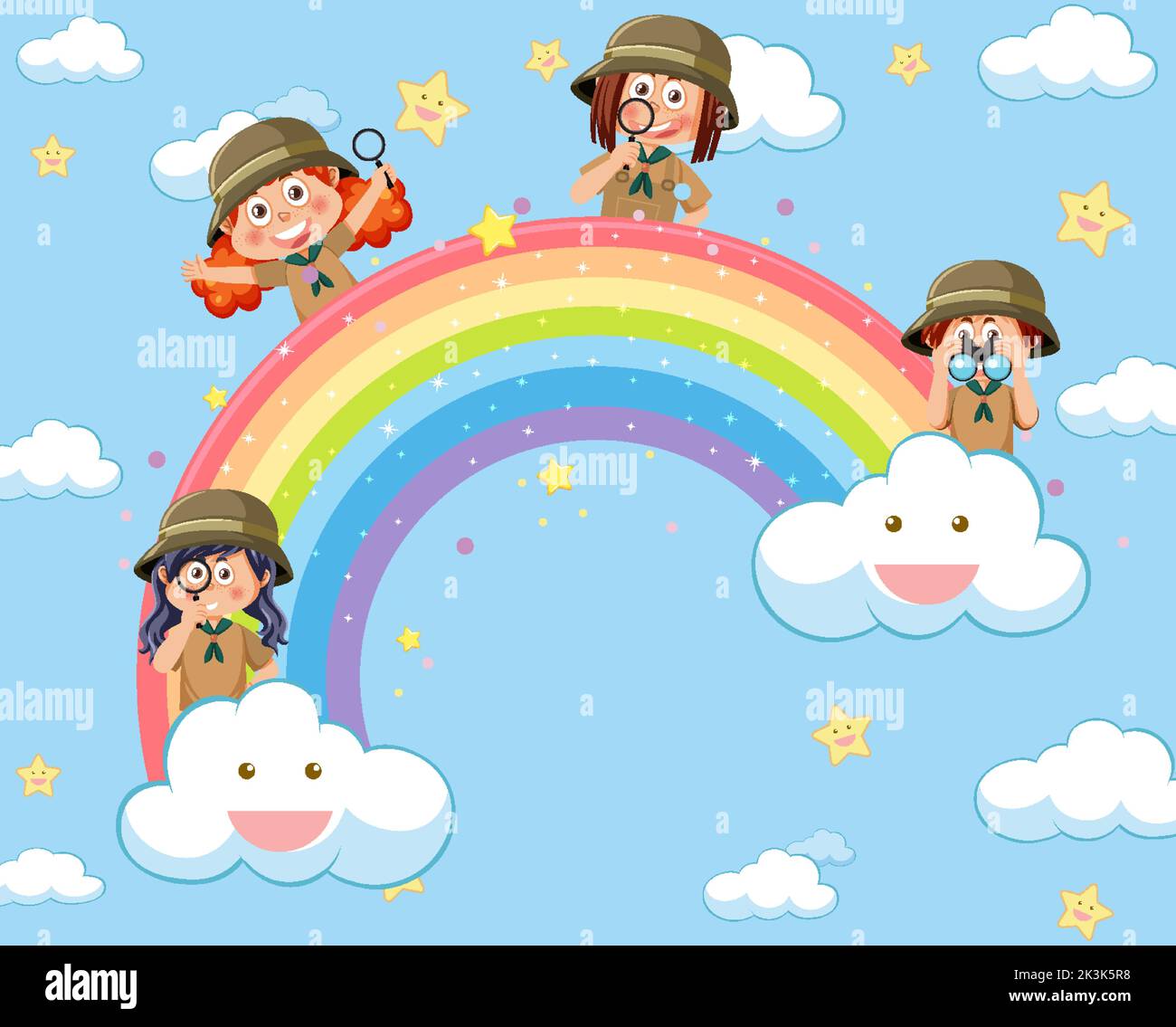 Happy kids in in the sky with rainbow illustration Stock Vector Image ...