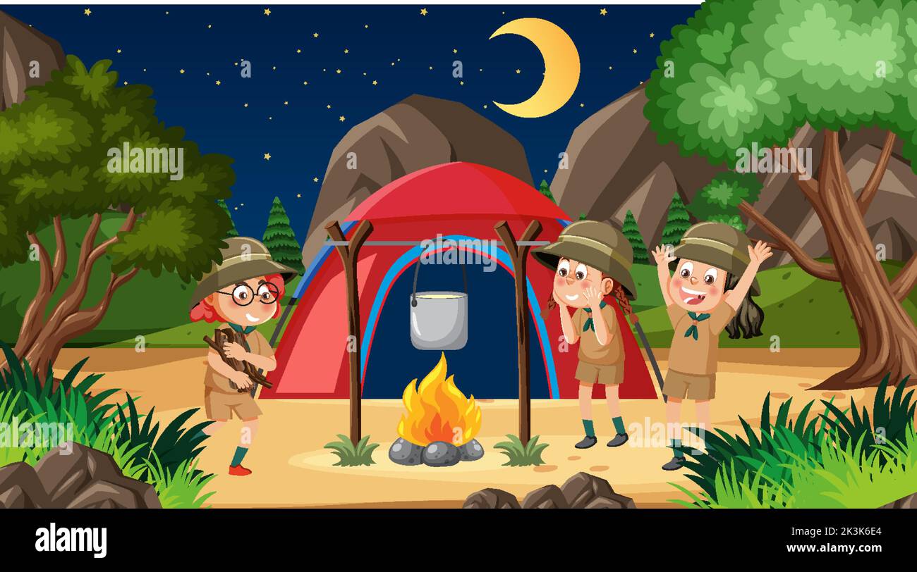 Children camping in the forest illustration Stock Vector Image & Art ...