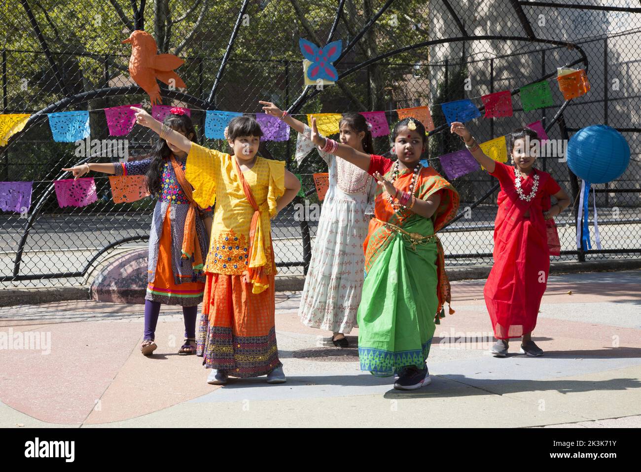 Child Dancers with a Bangladeshi group perform at a school multicultural festival in Brooklyn, New York. Stock Photo
