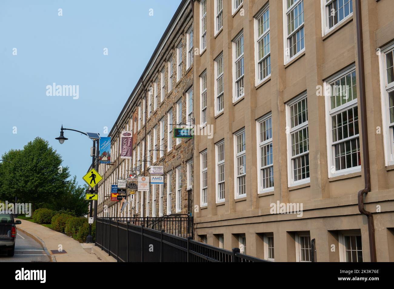 Newmarket Mills building on Lamprey River on Main Street in historic
