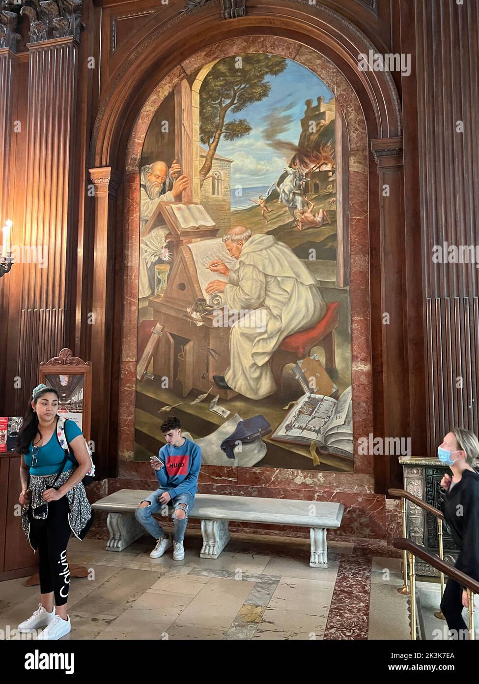 'THE MEDIEVAL SCRIBE'.  The McGraw Rotunda of the 5th Ave. New York Public Library building contains a set of WPA murals: 'It features The Story of the Recorded Word, a set of four large arched panels by Edward Laning, 1938-1942. Stock Photo