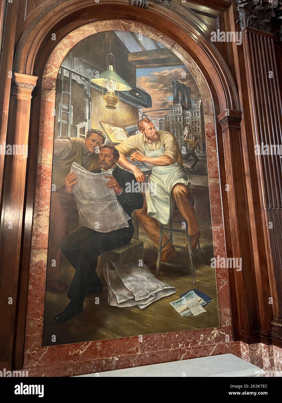 'THE LINOTYPE- MERGENTHAIER AND WHITELAW REID' The McGraw Rotunda of the 5th Ave. New York Public Library building contains a set of WPA murals: 'It features The Story of the Recorded Word, a set of four large arched panels by Edward Laning, 1938-1942. Stock Photo