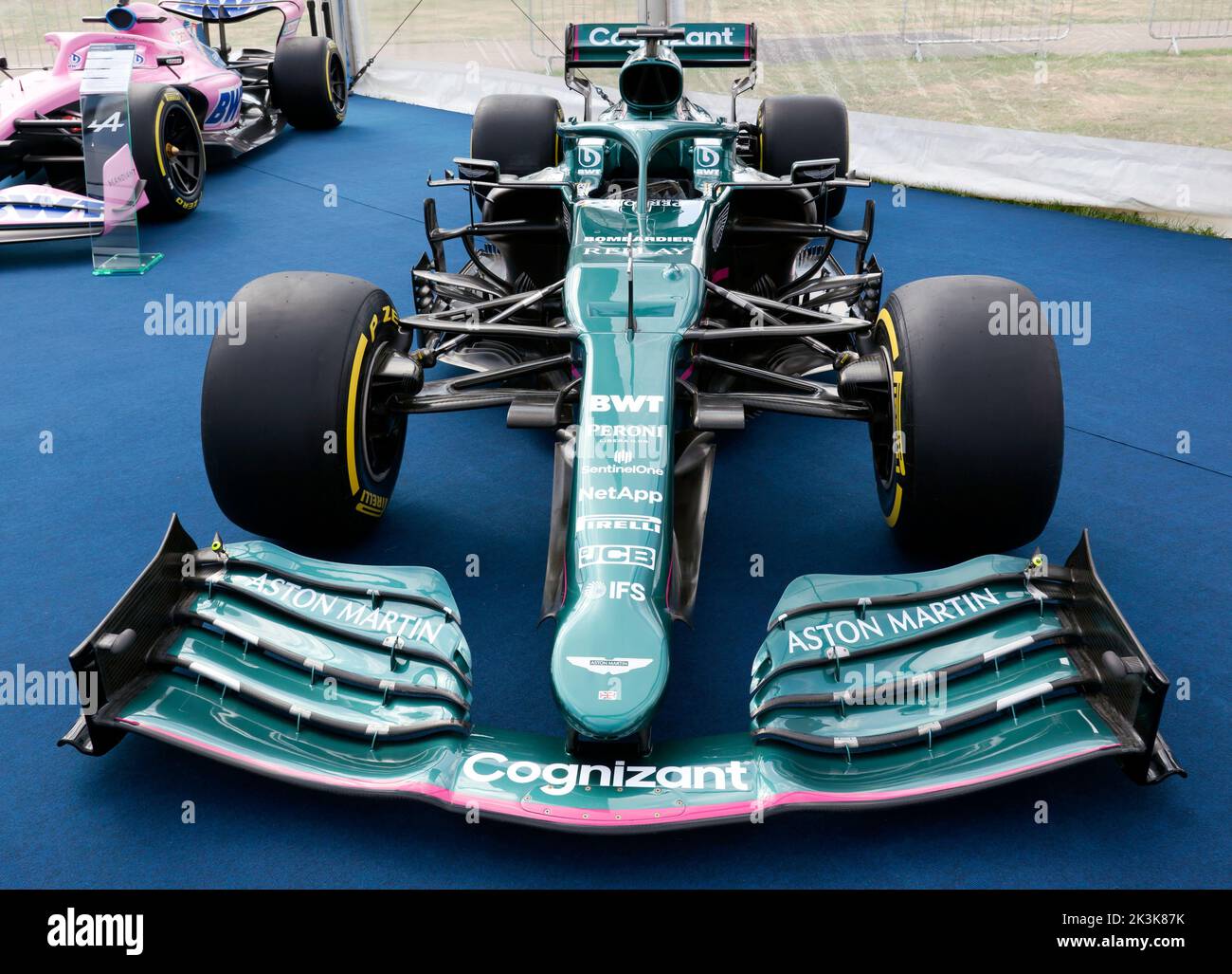 Front view of the 2021 Aston Martin Formula One Car, Driven by Sebastian Vettel  and Lance Stroll on display at the 2022 Silverstone Classic Stock Photo