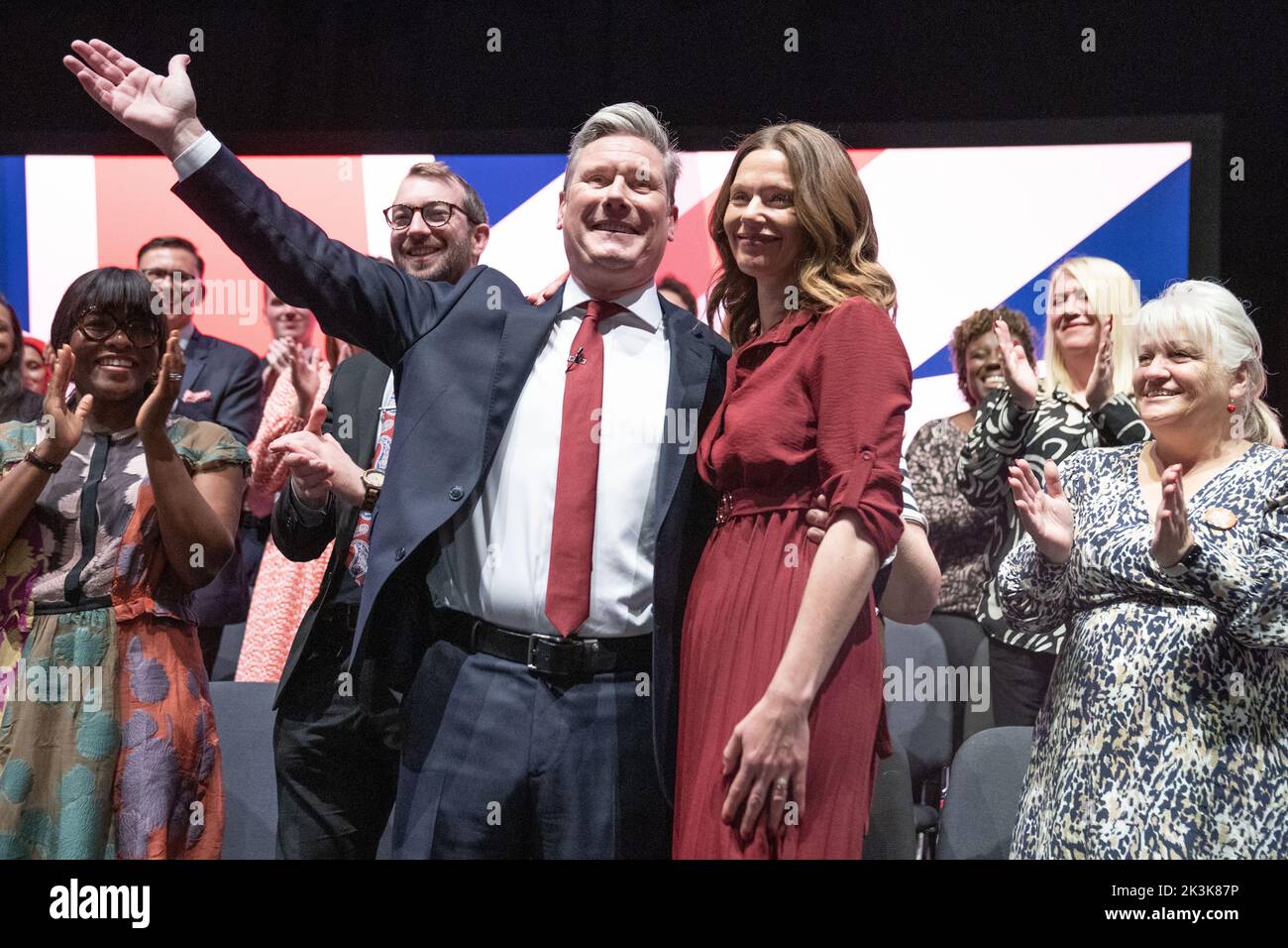 Labour leader, Sir Keir Starmer is joined on stage by his wife Victoria after delivering his keynote speech to the Labour Party Conference in Liverpool. Picture date: Tuesday September 27, 2022. Stock Photo