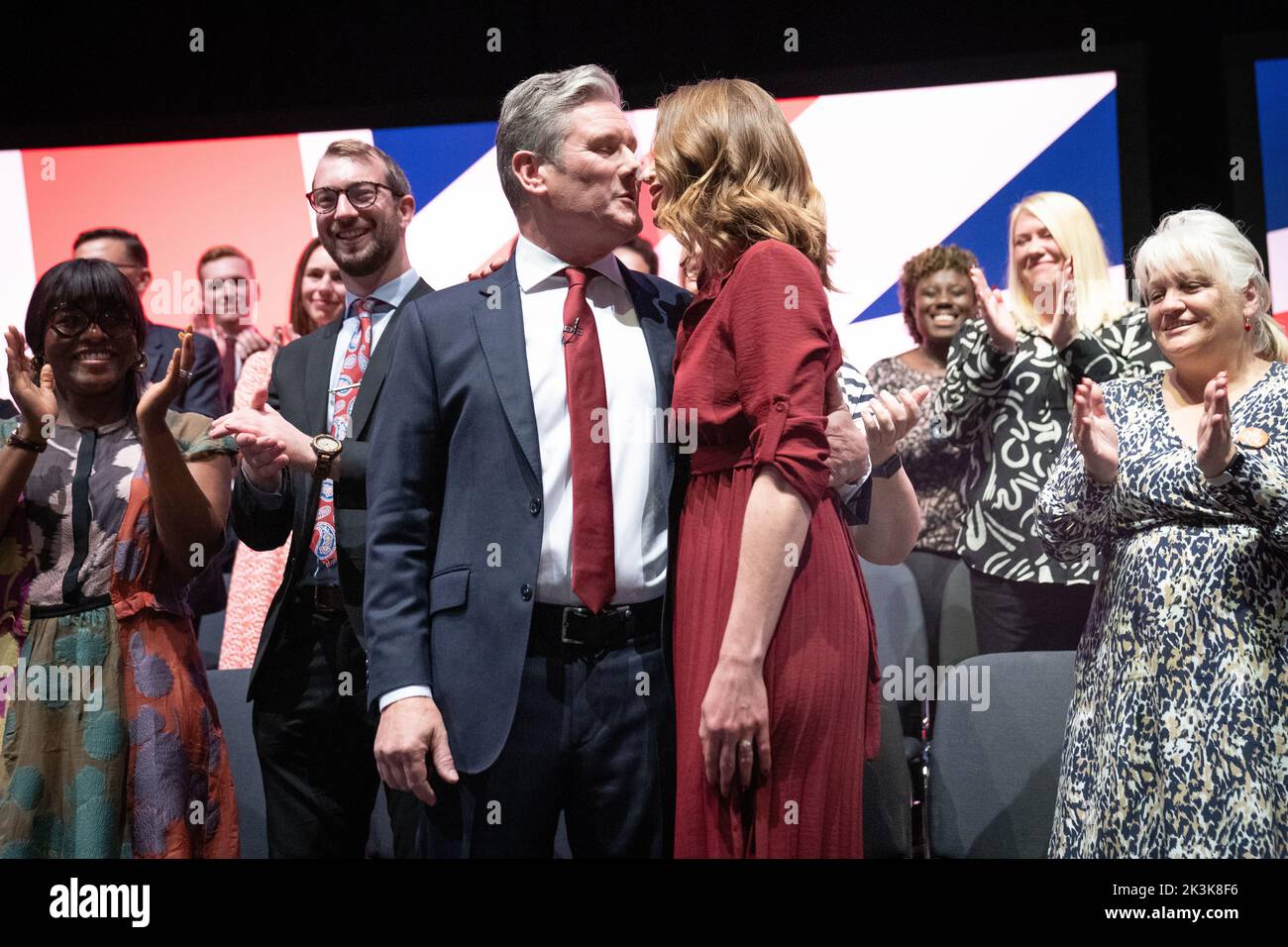 Labour leader, Sir Keir Starmer is joined on stage by his wife Victoria after delivering his keynote speech to the Labour Party Conference in Liverpool. Picture date: Tuesday September 27, 2022. Stock Photo