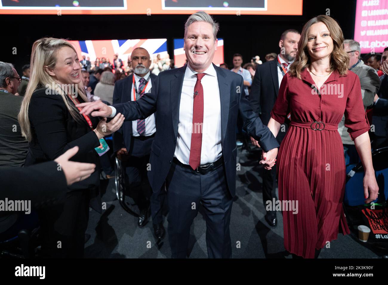Labour Party leader Sir Keir Starmer, with his wife Victoria, leaves the stage after giving his keynote address during the Labour Party Conference at the ACC Liverpool. Picture date: Tuesday September 27, 2022. Stock Photo