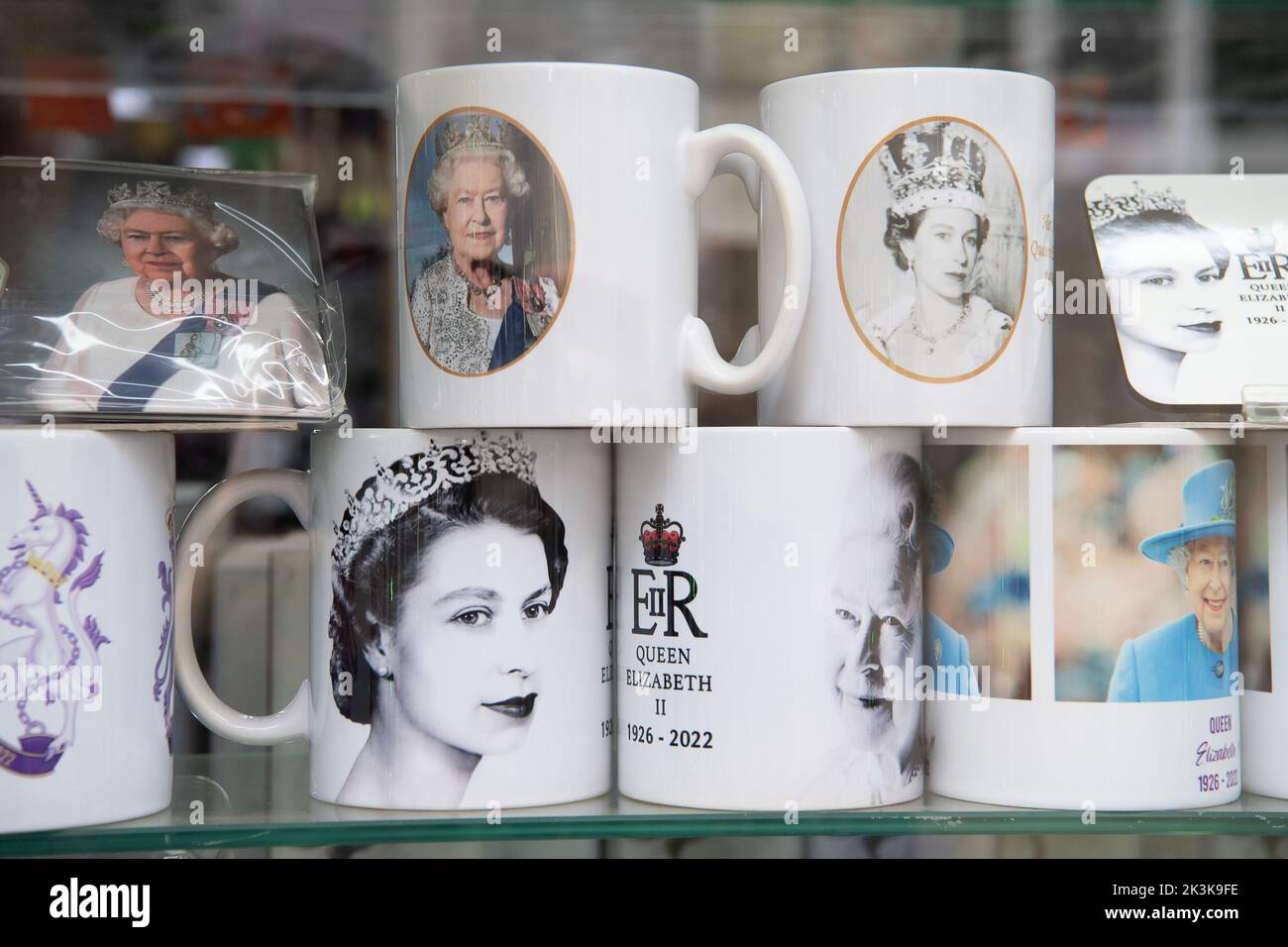 Windsor, Berkshire, UK. 27th September, 2022. Memorabilia marking the passing of Queen Elizabeth II for sale in a tourist shop in Windsor. Following the sad passing of Her Majesty the Queen, the Royal Mourning Period has now ended. After thousands of mourners flooded into Windsor to lay flowers, Windsor was much quieter today. Credit: Maureen McLean/Alamy Live News Stock Photo