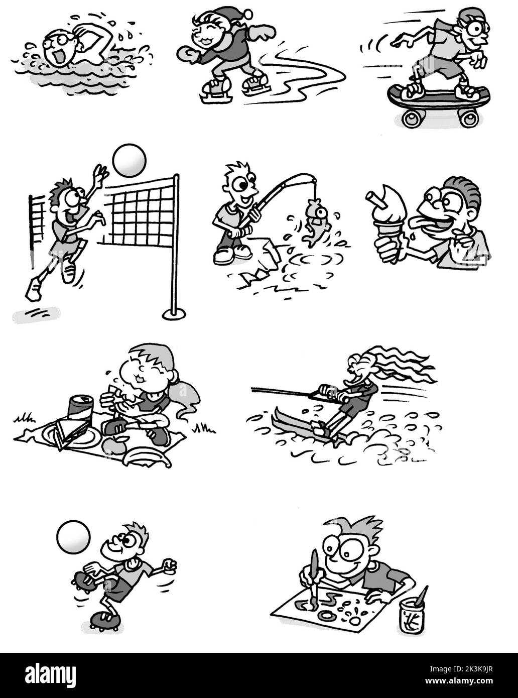 Black & white art: children enjoying sports & activities, inc fishing football volleyball, swimming, iceskating, skateboarding colouring in worksheet Stock Photo
