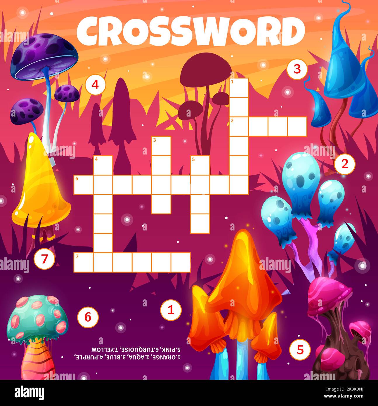 Magic alien mushrooms. Crossword grid worksheet. Find a word quiz game, educational playing activity, kids vector puzzle or vocabulary game with words finding task, luminous mushroom or fantasy fungi Stock Vector