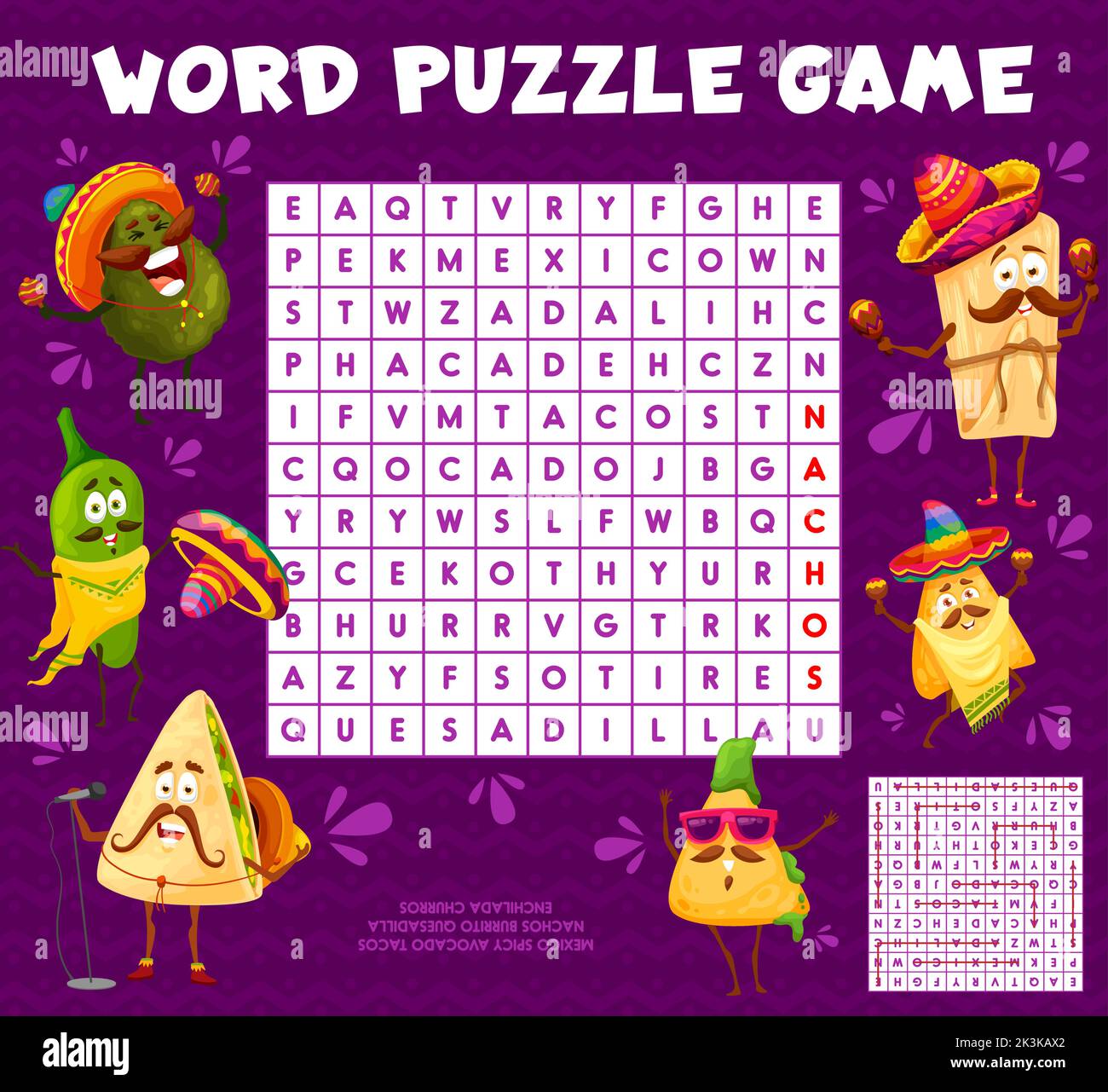 Cartoon Mexican food characters word search puzzle game, vector