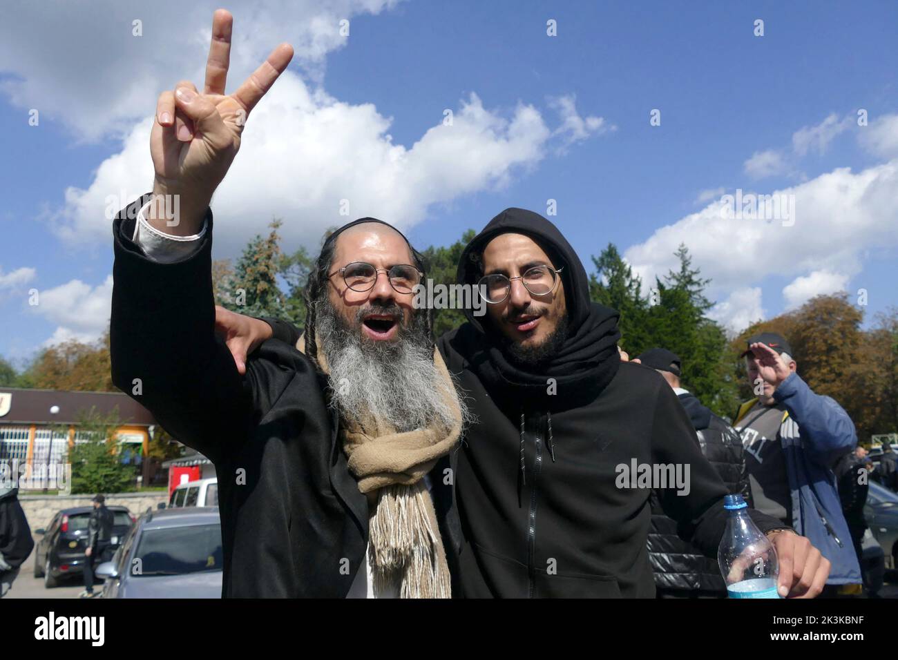 UMAN, UKRAINE - SEPTEMBER 25, 2022 - Hasidic pilgrims rejoice in the streets before the celebration of Rosh Hashanah, or the Jewish New Year, Uman, Ch Stock Photo