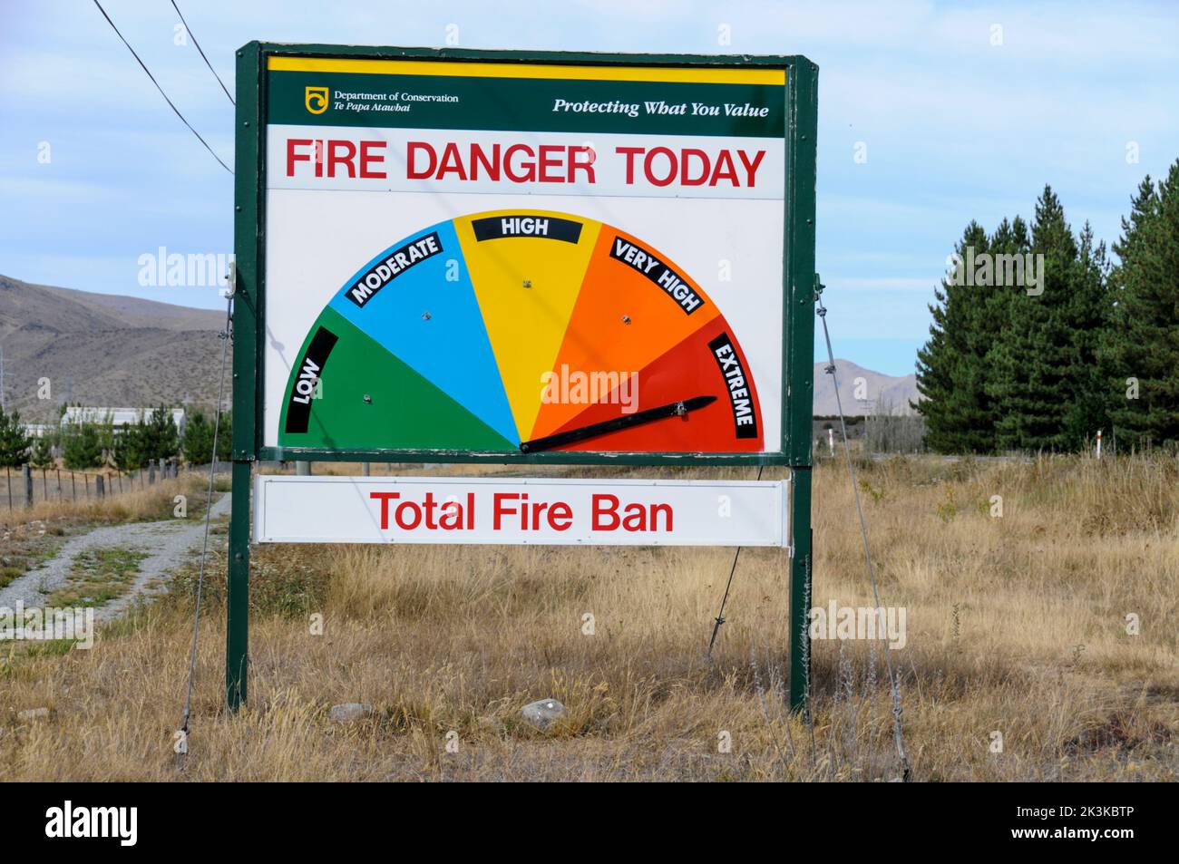 A fire warning sign to motorists beside a highway on the south island in New Zealand Stock Photo