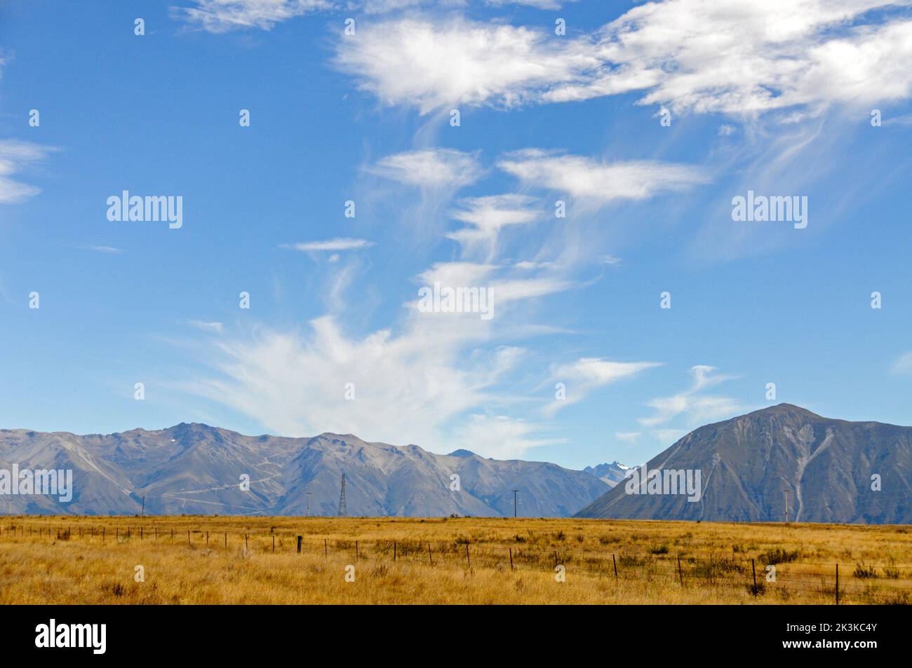 Cloud formation over the Southern Alps in the South Canterbury Plains in New Zealand. Stock Photo