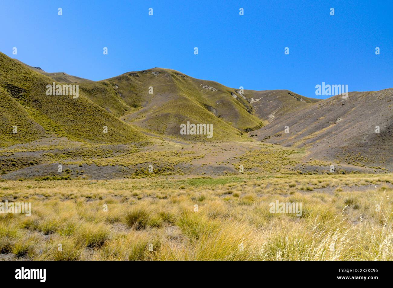 Lindis Pass, a mountainous road (Highway 8) across a barren landscape of tussock grasslands in the Lindis Pass Scenic Reserve in the ecoregion of Sout Stock Photo