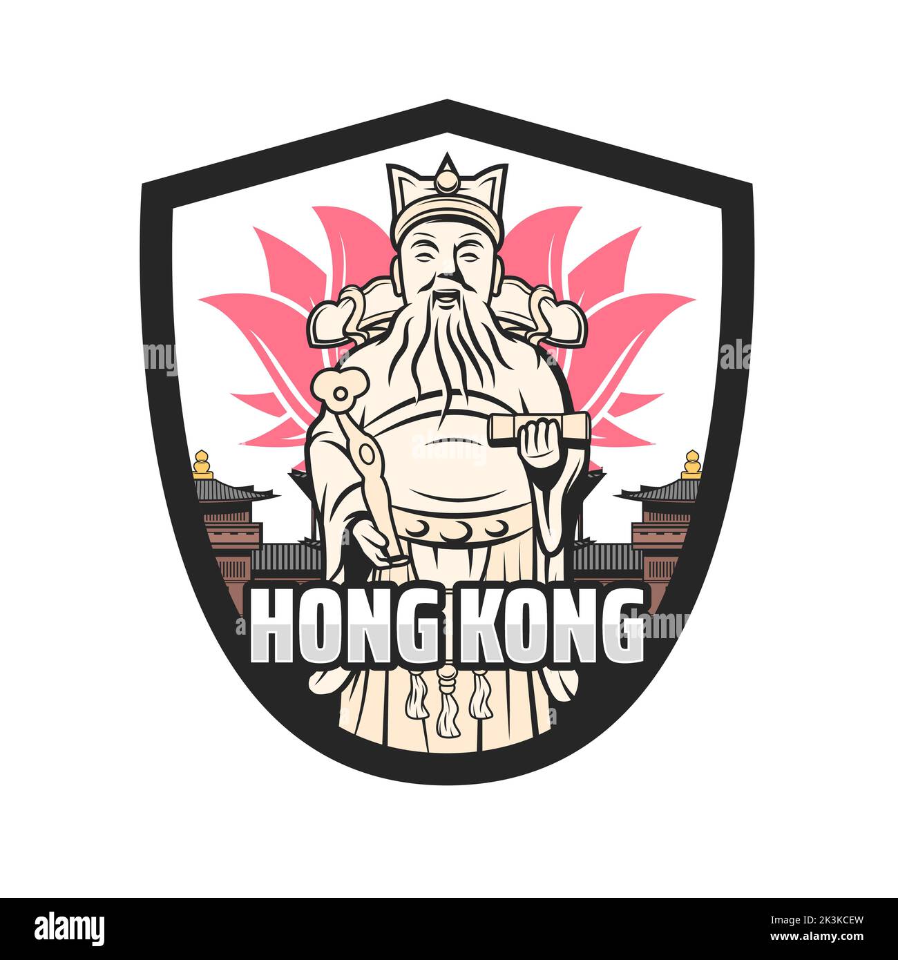 Hong Kong travel icon with smiling god of luck, buddhist monastery, temple and lotus flower. Hong Kong city culture, religion attractions or landmarks. Retro vector badge with Hong Kong symbols Stock Vector