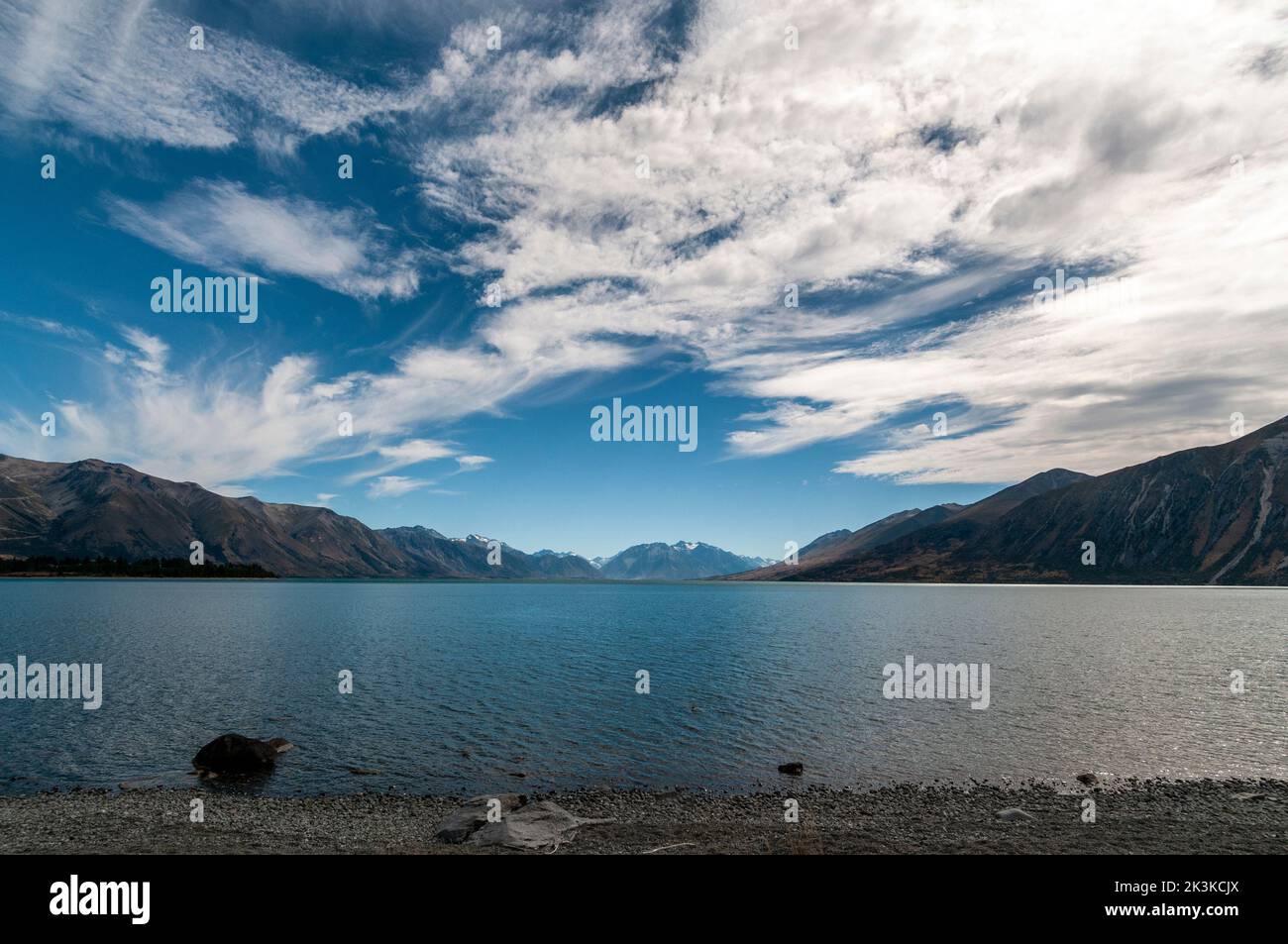 Lake Ohau near the Southern alps under the long white cloud near a small town of Twizel in the South island of New Zealand Stock Photo