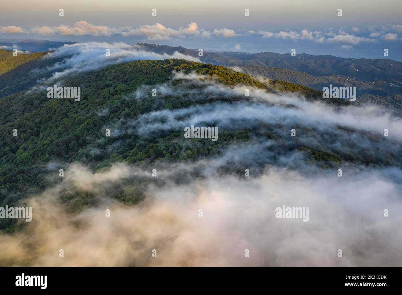 Fog caused by the maritime wind sliding over the Montnegre mountain at sunset (Vallès Oriental, Barcelona, Catalonia, Spain) Stock Photo