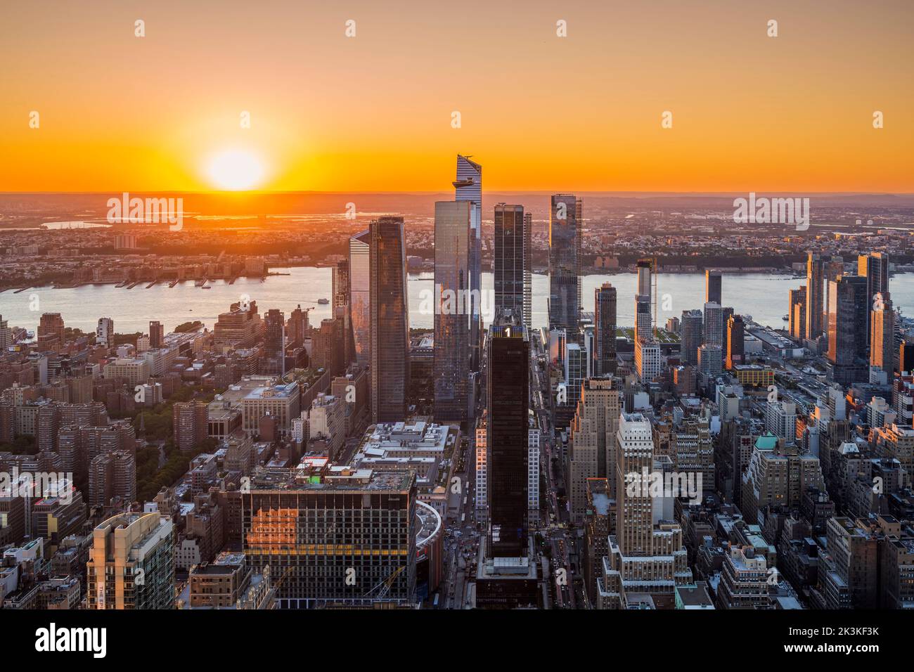 Aerial view of Hudson Yards and Midtown Manhattan skyline at sunset