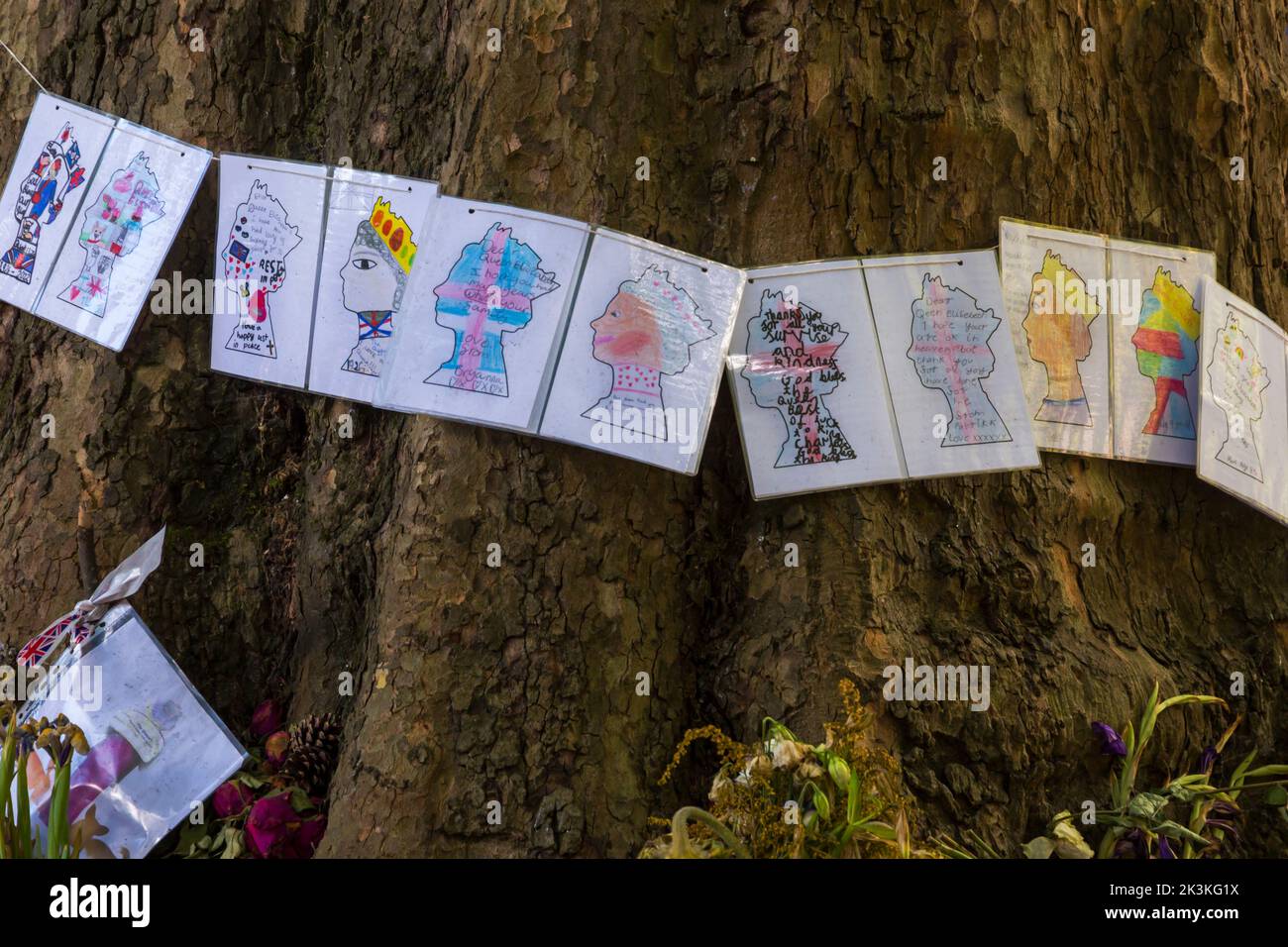 Poignant messages and floral tributes to the late Queen Elizabeth II at Green Park, London UK in September - flowers are wilting but memories linger Stock Photo