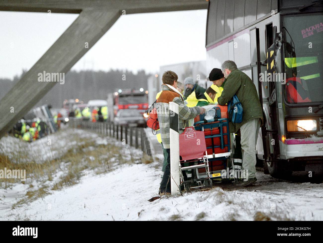A serious bus accident occurred at half past two on Friday afternoon on the E4 outside Mantorp, Sweden. A 68-year-old man died in the accident. 44 people were taken to hospital. 14 ambulances and as many police cars were called to the scene. Stock Photo