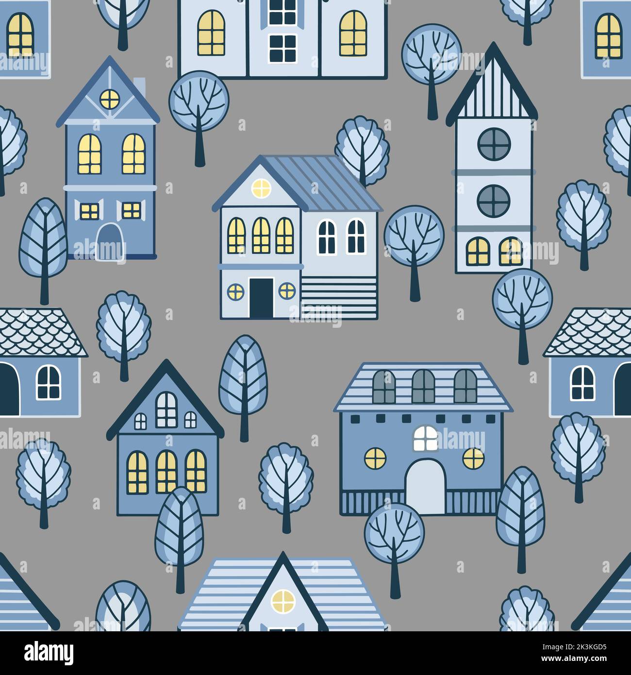 Vector Seamless pattern with hand drawn tree and house. Great for ...
