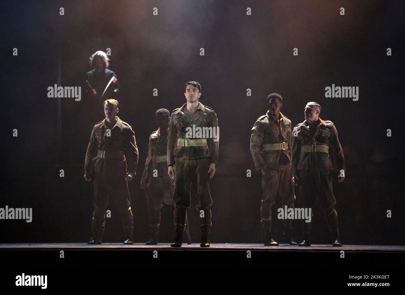 l-r: Conor Kerrigan (Arthur Shelby), Musa Motha (Barney), Guillaume Queau (Thomas Shelby), Prince Lyons (Jeremiah), Joseph Kudra (John) in PEAKY BLINDERS: THE REDEMPTION OF THOMAS SHELBY presented by Ballet Rambert at the Birmingham Hippodrome, Birmingham, England  28/09/2022 written & adapted for the stage by Steven Knight  music: Roman GianArthur  music director: Yaron Engler  dramaturgy: Kaite O’Reilly  set design: Moi Tran  costumes: Richard Gellar  lighting: Natasha Chivers  fights: Adrian Palmer  choreographed & directed by Benoit Swan Pouffer Stock Photo