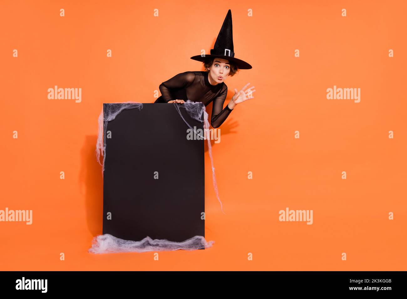 Full length photo of mystery sorcerer hand terrifying boo empty space ...