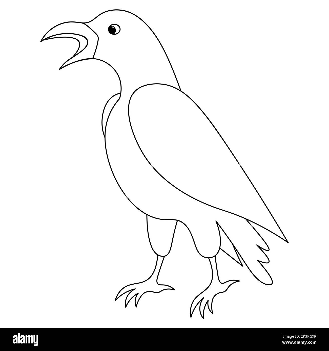 Raven. The mystical black bird croaks loudly. Vector illustration. Outline on an isolated background. Doodle style. Sketch. Coloring book Stock Vector